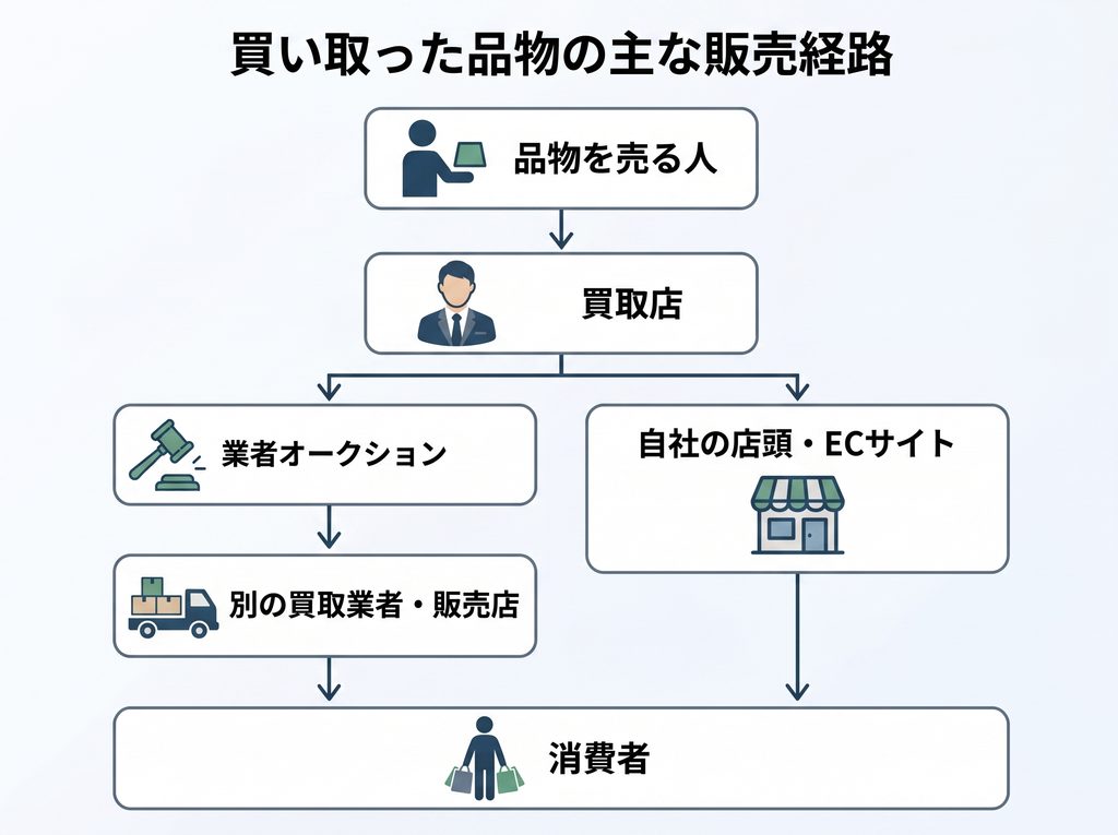 買い取った品物が業者オークションや自社販売を経て消費者へ届く流れ