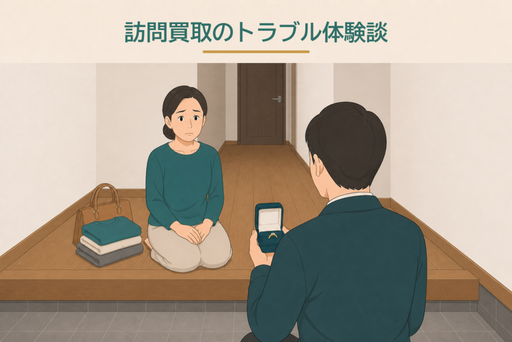 玄関先で訪問買取の査定員と向き合う母のイラスト